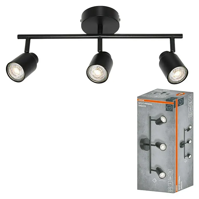 Osram Wand- & Deckenleuchte LED Spot Primal - L x B x H: 46,5 x 10 x 15,2 cm, Schwarz - Abbildung einer schwarzen Osram Spot Primal 3xGU10 Deckenleuchte mit drei Strahlern und zugehöriger Produktverpackung.