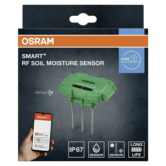 Osram Smart+ Bodenfeuchtesensor - Grün - Verpackung des OSRAM SMART+ RF-Bodenfeuchtigkeitssensors, der die Bodenfeuchtigkeit misst und mit Smart Home Systemen kompatibel ist.