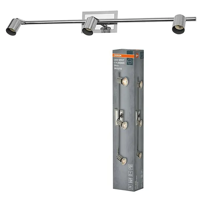 Osram Wand- & Deckenleuchte Spot Cylinder Duo - L x B x H: 60,4 x 7 x 13,3 cm, Silber, GU10 - Das Bild zeigt eine moderne Osram LED Spot Cylinder Duo 3xGU10 Deckenleuchte in Chrom, zusammen mit der Produktverpackung.