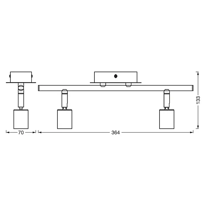 Osram Wand- & Deckenleuchte Spot Cylinder Duo - L x B x H: 36,4 x 7 x 13,3 cm, Silber, GU10 - Eine Strichzeichnung einer Deckenleuchte mit drei Strahlern, die an einer rechteckigen Stange befestigt sind, zusammen mit den Abmessungen.