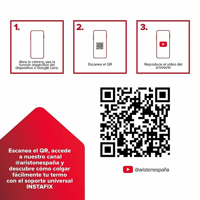 Ariston Soporte universal Instafix - Blanco, Acero - Guía para colgar un termo con el soporte universal INSTAFIX: Escanea el QR para el video de @aristonespaña.