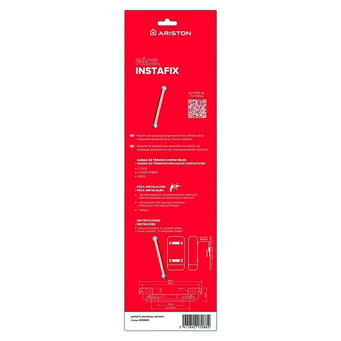 Ariston Soporte universal Instafix - Blanco, Acero - Embalaje del producto para un soporte Ariston Universal Instafix, que permite una fácil instalación de los calentadores de agua.