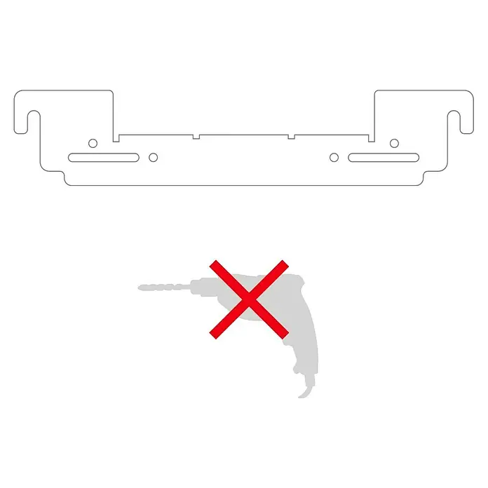 Ariston Soporte universal Instafix - Blanco, Acero - Ilustración que advierte contra la perforación de un componente. La imagen muestra un esquema de la pieza y un taladro con una X roja.
