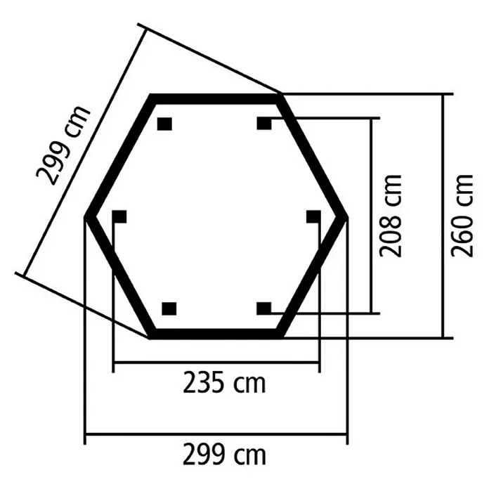 Karibu Pavillon Lissabon - Durchmesser: 299 cm, Schiefergrau, Natur - Abbildung eines sechseckigen Zeltgrundrisses mit Maßangaben (299 cm, 260 cm, 235 cm, 208 cm) zur Darstellung der Zeltabmessungen.