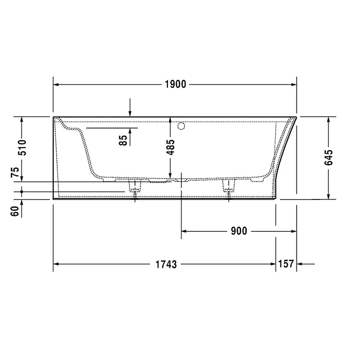 Duravit Cape Cod Badewanne - 190 x 90 cm, Mineralguss, Weiß, Links - Technische Zeichnung einer Badewanne mit Bemaßung. Die Wanne ist rechteckig und zeigt die Maße in Millimetern.