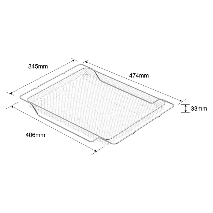 Corberó Horno empotrado CCHMT905 - Número de tipos de calentamiento: 8 ud., Volumen horno: 70 l, Blanco - Ilustración de una cesta rectangular de freidora de aire de alambre metálico con dimensiones de largo, ancho y alto.