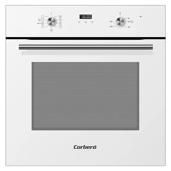 Corberó Horno empotrado CCHMT905 - Número de tipos de calentamiento: 8 ud., Volumen horno: 70 l, Blanco - Imagen de un horno encastrable Corberó blanco con controles giratorios, pantalla digital y puerta de horno acanalada.