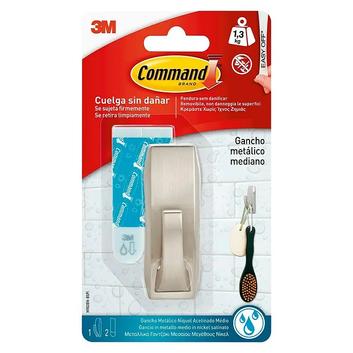 3M Command Colgador adhesivo MR02-SN-B - Plástico, Níquel - Gancho mediano de metal niquelado 3M Command para colgar objetos de forma fácil y sin dañar la superficie.