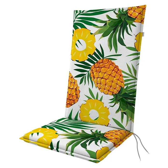 Doppler Sitzauflage Living - Hochlehner, L x B x H: 119 x 48 x 6 cm, Weiß/Grün/Orange - Ein tropischer Sitzkissen mit Ananas- und Palmenmuster, ideal, um Ihrem Zuhause eine sommerliche Atmosphäre zu verleihen und Komfort zu bieten.