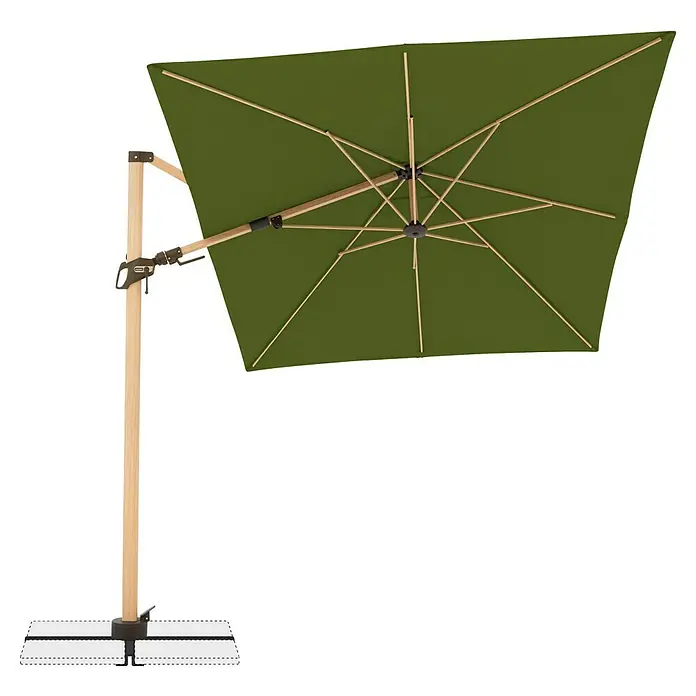 Doppler Alu Wood Ampelschirm AX Ultra - Kiwi, Bespannungsmaß (L x B): 300 x 220 cm - Nahaufnahme eines grünen Ampelschirms mit Holzgestell, der Schatten spendet und vor Sonne schützt. Ideal für Garten oder Terrasse.