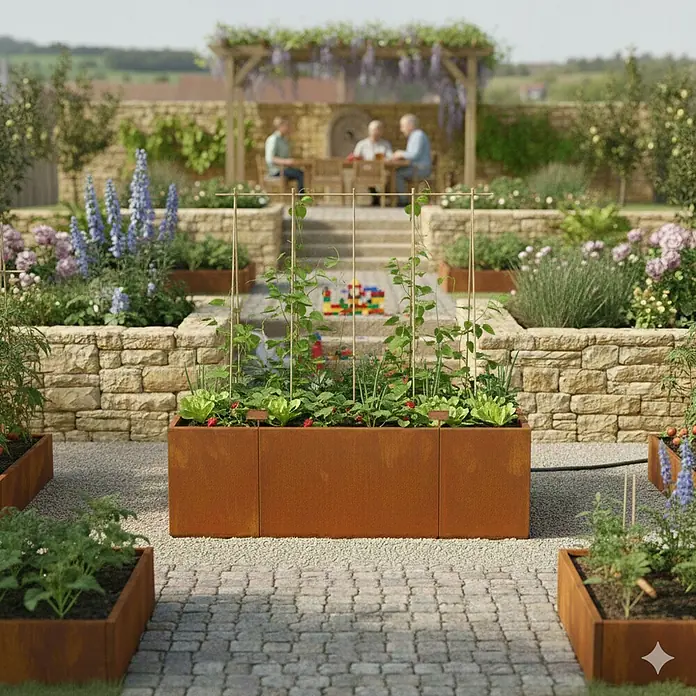 Palatino Hochbeet Urban - 200 x 100 x 70 cm, Stahl, Rostbraun - Die erhöhten Pflanzkästen aus Cortenstahl bieten eine stilvolle und funktionale Lösung für den Anbau von Gemüse und Kräutern im Garten.