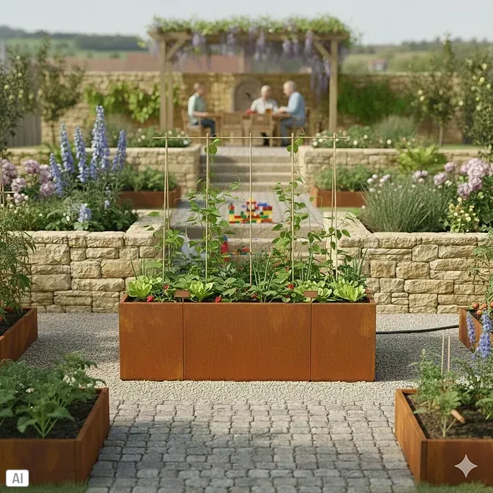 Palatino Hochbeet Urban - 200 x 100 x 70 cm, Stahl, Rostbraun - Die erhöhten Pflanzkästen aus Cortenstahl bieten eine stilvolle und funktionale Lösung für den Anbau von Gemüse und Kräutern im Garten.