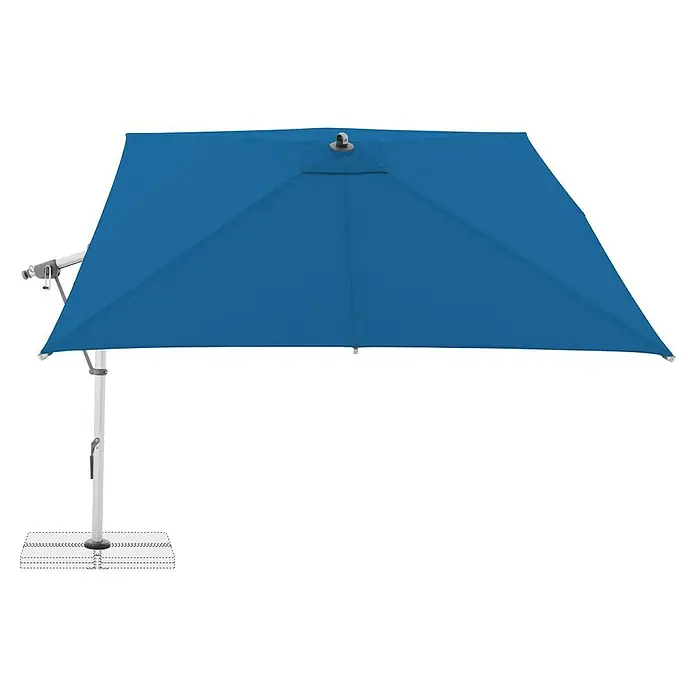 Doppler Expert Ampelschirm - Aquamarin, Bespannungsmaß (L x B): 300 x 300 cm - Abbildung eines blauen Sonnenschirms. Der Sonnenschirm ist quadratisch und hat einen hellen Ständer. Er ist ideal für sonnige Tage im Freien.
