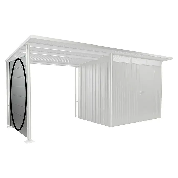 Biohort AvantGarde Seitenwand - Passend für: Biohort AvantGarde Seitendach, B x H: 157 x 182 cm, Silber-Metallic - Abbildung eines Metall-Geräteschuppens mit einer grauen Seitenwand und einer schwarzen Umrandung.