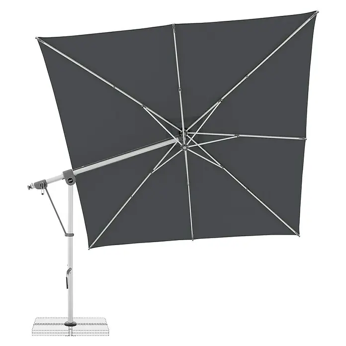 Doppler Expert Ampelschirm - Anthrazit, Bespannungsmaß (L x B): 300 x 300 cm - Abbildung eines grauen, quadratischen Sonnenschirms mit silbernem Gestell. Perfekt für Schatten an sonnigen Tagen.