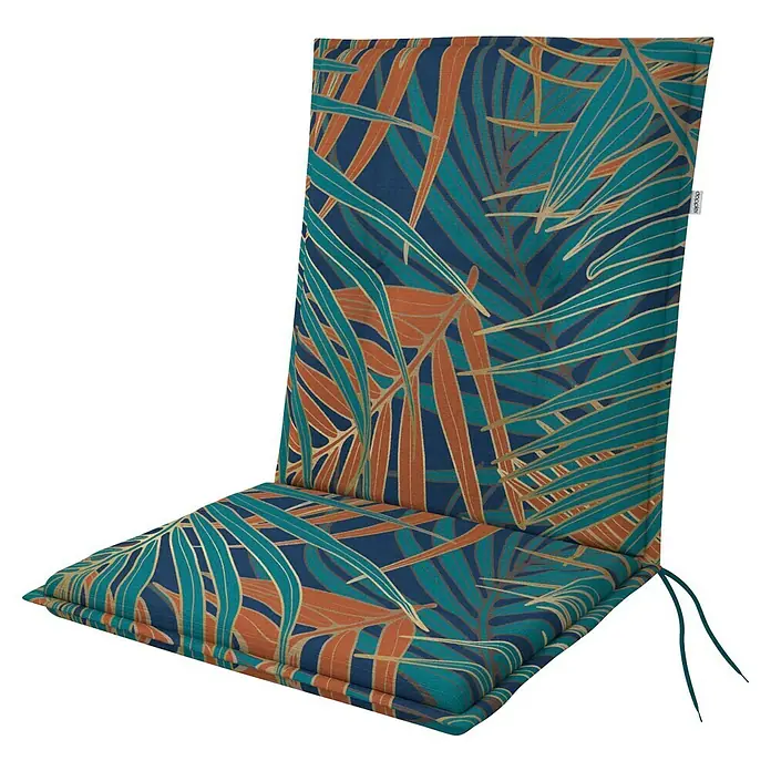 Doppler Sitzauflage Living - Niederlehner, L x B x H: 100 x 48 x 6 cm, Kunststoff, Baumwolle, Türkis/Braun - Gartenstuhlauflage mit blauem und braunem Palmenmuster, ideal für Sitzkomfort und stilvolle Gartengestaltung.