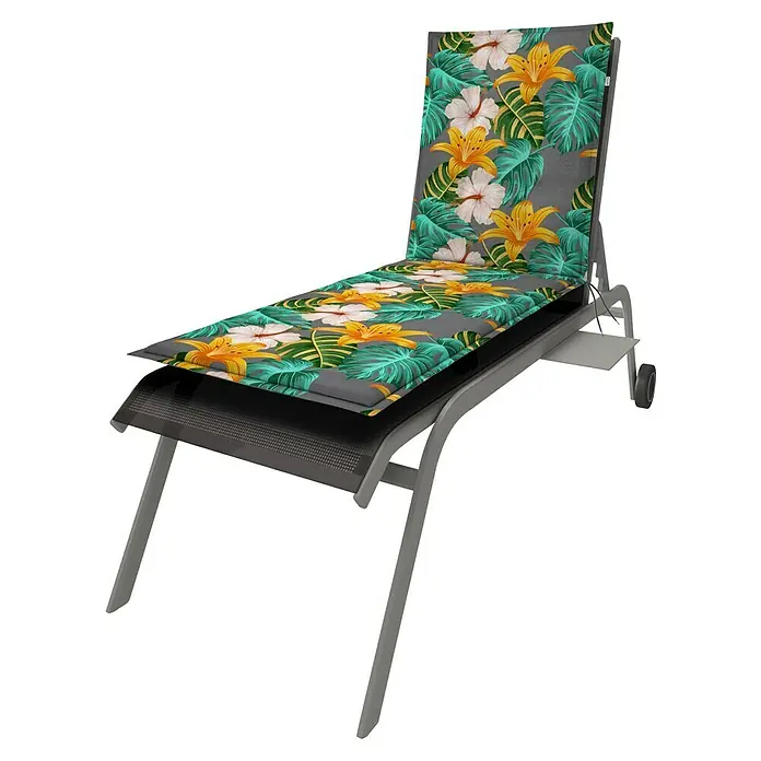 Doppler Liegenauflage Living - L x B x H: 195 x 60 x 6 cm, Kunststoff, Baumwolle, Gelb/Grün/Grau - Gartenliege mit tropischem Blumenmuster. Die Liege ist aus Metall und hat eine verstellbare Rückenlehne für Komfort im Freien.