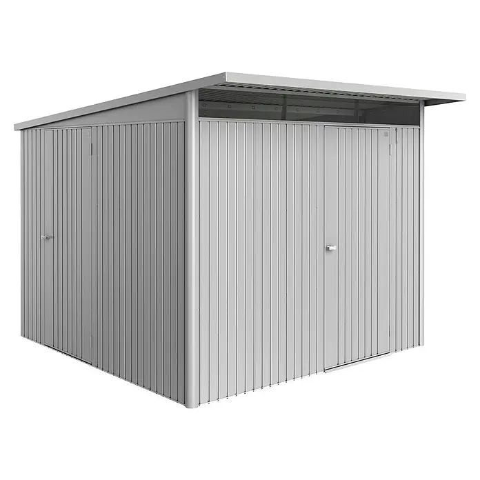 Biohort AvantGarde Zusatztür - Passend für: Biohort AvantGarde Gerätehauser, Silber Metallic, Türanschlag rechts - Eine graue Metallgartenhütte mit zwei Türen und einem schrägen Dach, ideal für die Lagerung von Gartengeräten.