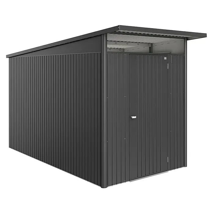 Biohort AvantGarde Gerätehaus - Außenmaß inkl. Dachüberstand (B x T): 180 x 380 cm, Quarzgrau Metallic, Einzeltür, Stahl - Bild eines Metallgartenschuppens mit abschließbarer Tür, ideal für die Aufbewahrung von Gartengeräten und Werkzeugen im Außenbereich.