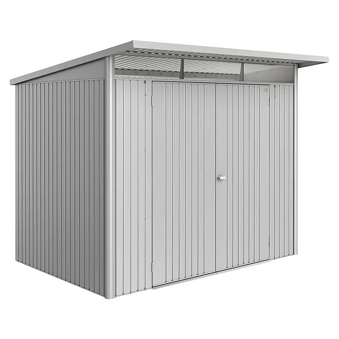 Biohort AvantGarde Gerätehaus Eco A5 - Außenmaß inkl. Dachüberstand (B x T): 260 x 220 cm, Silber Metallic, Doppeltür, Stahl - Das Bild zeigt einen silberfarbenen Metallgarten-Geräteschuppen mit Doppeltür und Vordach. Er bietet praktischen Stauraum für Gartengeräte.