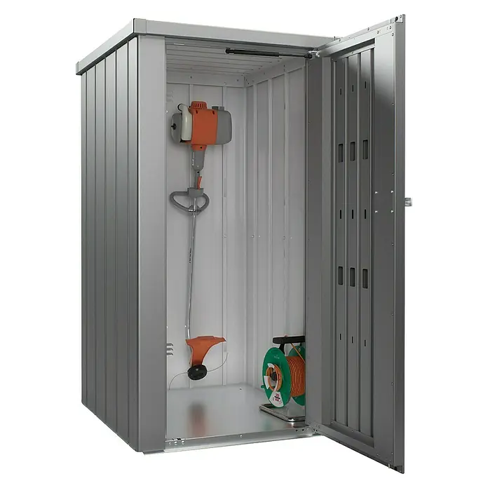 Biohort Julia Geräteschrank - Außenbreite inkl. Dachüberstand: 78 cm, Außentiefe inkl. Dachüberstand: 87 cm, Stahl, Quarzgrau Metallic - Gerätehaus aus Metall mit Rasentrimmer und Kabelrolle darin. Ideal für die Gartenaufbewahrung.