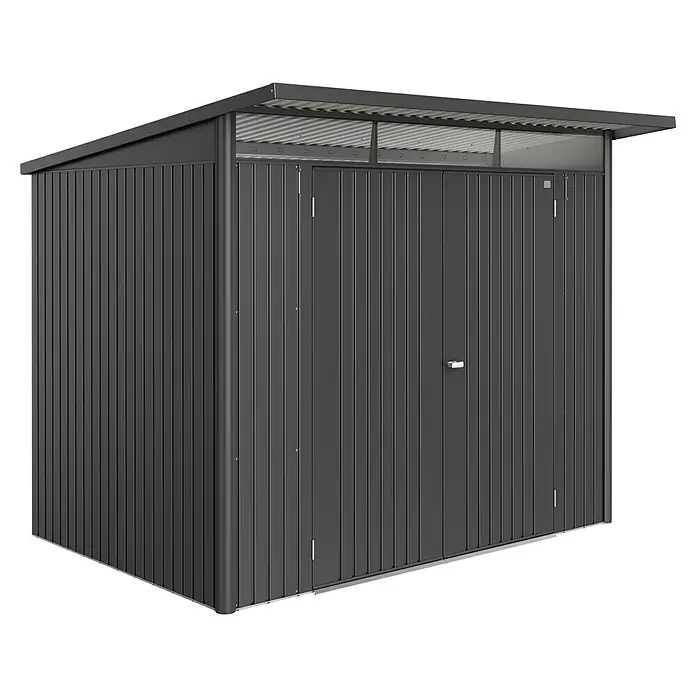 Biohort AvantGarde Gerätehaus - Außenmaß inkl. Dachüberstand (B x T): 260 x 220 cm, Dunkelgrau Metallic, Doppeltür, Stahl - Ein geräumiger, anthrazitfarbener Metall-Geräteschuppen mit Doppeltüren und einem überdachten Vordach für zusätzlichen Stauraum im Garten.