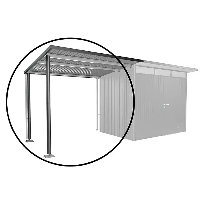 Biohort AvantGarde Seitendach - Passend für: Biohort AvantGarde Gerätehaus A2, A6, L x B x H: 260 x 243 x 218 cm, Dunkelgrau-Metallic, Stahl - Abbildung eines Carports mit angebautem Geräteschuppen, ideal für die Aufbewahrung von Gartengeräten und zum Schutz des Autos.