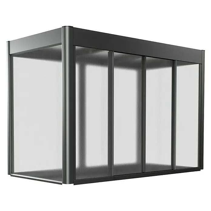 Biohort Florentina Hochbeet-Abdeckung Florentina - L x B x H: 104 x 201,6 x 136,4 mm, Dunkelgrau Metallic - Ein moderner Pavillon mit grauem Rahmen und lichtdurchlässigen Wänden, ideal für den Garten.