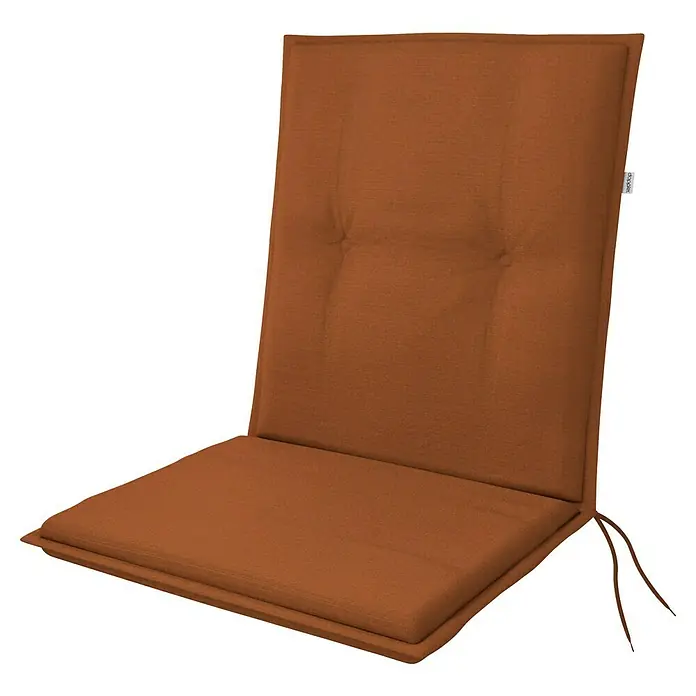 Doppler Sitzauflage Living - Niederlehner, L x B x H: 100 x 48 x 6 cm, Polyester, Baumwolle, Braun - Ein stilvolles, orangefarbenes Stuhlkissen mit Rückenlehne und Knopfdetails. Das perfekte Accessoire für Ihre Gartenmöbel.