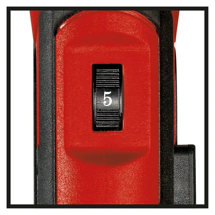 Einhell Power X-Change 18V Akku-Oberflächenbürste Picobella 18/215 - 18 V, Ohne Akku - Nahaufnahme einer roten Einhell-Maschine mit einem schwarzen Einstellrad, das auf die Zahl 5 eingestellt ist.
