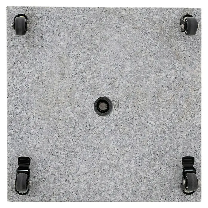 Doppler Granitschirmständer MyZone - 70,5 kg, Passend für: Doppler MyZone Sonnenschirme - Ein quadratischer, grau gesprenkelter Sockel mit vier Rollen und einem Loch in der Mitte.