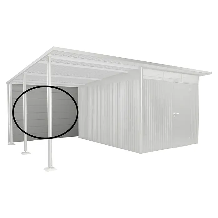 Biohort AvantGarde Rückwand - Passend für: Biohort AvantGarde Seitendach, Silber-Metallic - Detailansicht einer grauen Wand des Metallschuppens, die horizontale Linien aufweist. Ideal für Garten oder Werkstatt.
