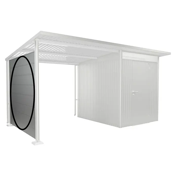 Biohort AvantGarde Seitenwand - Passend für: Biohort AvantGarde Seitendach, B x H: 197 x 182 cm, Silber-Metallic - Das Bild zeigt einen stilvollen Gerätehaus-Fahrradschuppen mit seitlicher Abdeckung für zusätzlichen Schutz vor Witterungseinflüssen.