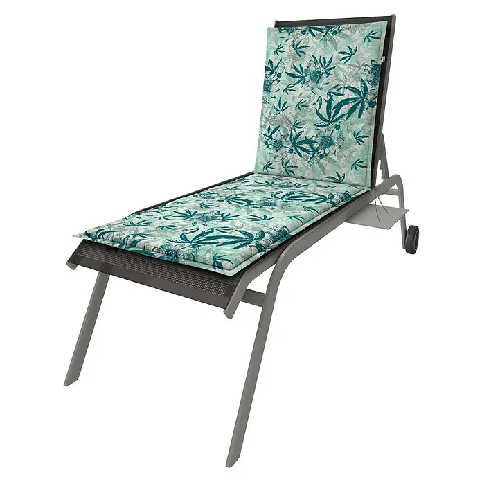 Doppler Liegenauflage Living - L x B x H: 195 x 60 x 6 cm, Kunststoff, Baumwolle, Türkis - Abbildung einer grauen Liege mit einer Auflage mit Pflanzenmuster, die zum Entspannen im Garten einlädt.