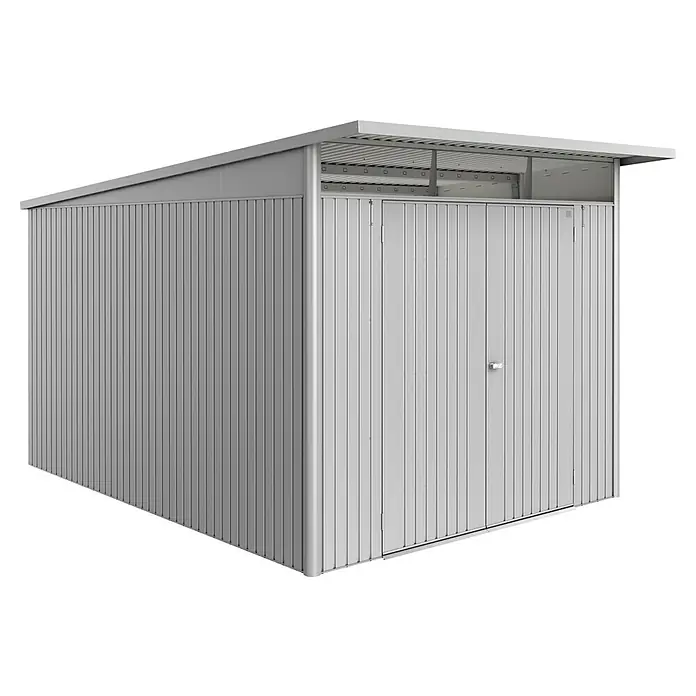 Biohort AvantGarde Gerätehaus - Außenmaß inkl. Dachüberstand (B x T): 260 x 380 cm, Silber Metallic, Doppeltür, Stahl - Das Bild zeigt ein Gerätehaus aus Metall mit Doppeltür, das ideal für die Aufbewahrung von Gartengeräten und Werkzeugen ist.