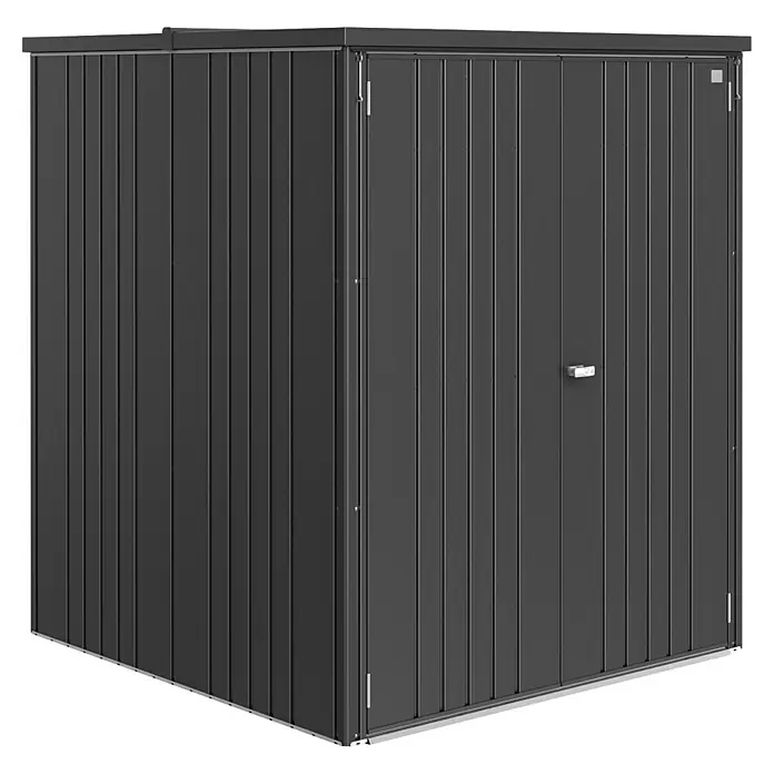 Biohort Geräteschrank - Außenmaß inkl. Dachüberstand (B x T): 156 x 155 cm, Stahl, Dunkelgrau - Ein geräumiger, anthrazitfarbener Geräteschuppen mit vertikalen Lamellen und einer abschließbaren Tür bietet viel Stauraum für den Garten.