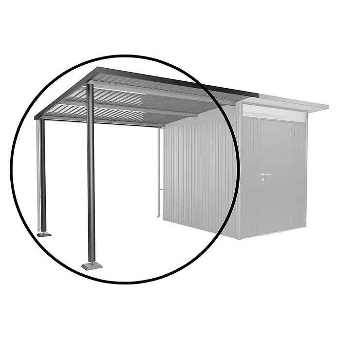 Biohort AvantGarde Seitendach - Passend für: Biohort AvantGarde Gerätehaus A2, A6, L x B x H: 260 x 243 x 218 cm, Dunkelgrau-Metallic, Stahl - Abbildung eines modernen Geräteschuppens mit Vordach, ideal für Garten und Außenbereich. Das Design kombiniert Funktionalität mit Ästhetik.