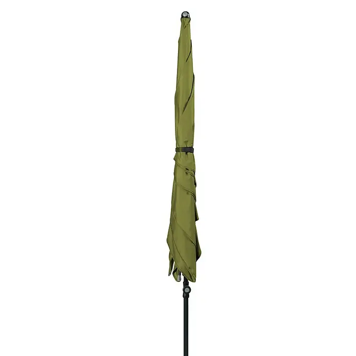 Doppler Balkonschirm Sunline Neo Gastro - Pistazie, Bespannungsmaß (L x B): 230 x 190 cm - Darstellung eines geschlossenen, olivgrünen Sonnenschirms mit einem robusten, schwarzen Ständer. Perfekt für den Schattenspender im Garten.