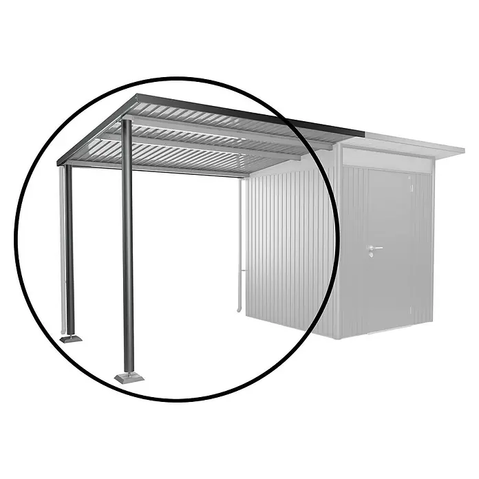 Biohort AvantGarde Seitendach - Passend für: Biohort AvantGarde Gerätehaus A1, A5, L x B x H: 220 x 243 x 218 cm, Dunkelgrau-Metallic, Stahl - Ein freistehendes, graues Gerätehaus mit einem schützenden Unterstand, ideal für die Lagerung von Gartengeräten und Werkzeugen.