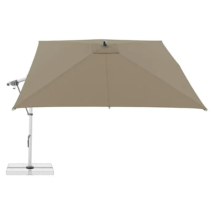 Doppler Expert Ampelschirm - Sand, Bespannungsmaß (L x B): 300 x 300 cm - Nahaufnahme eines quadratischen Sonnenschirms mit einem soliden Sockel, der Schatten und Schutz bietet.