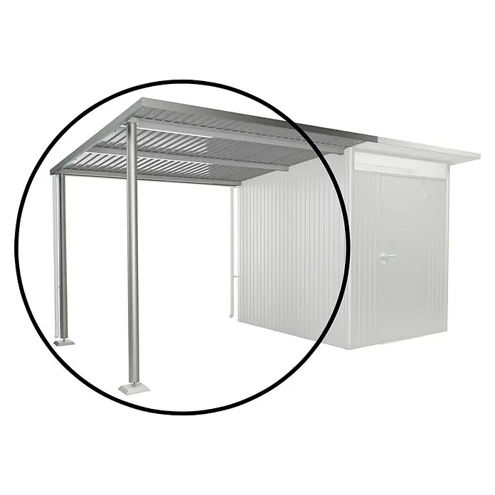 Biohort AvantGarde Seitendach - Passend für: Biohort AvantGarde Gerätehaus A2, A6, L x B x H: 260 x 243 x 218 cm, Silber-Metallic, Stahl - Abbildung eines modernen Gerätehauses mit integriertem Carport, ideal für die Aufbewahrung und zum Schutz Ihres Fahrzeugs.