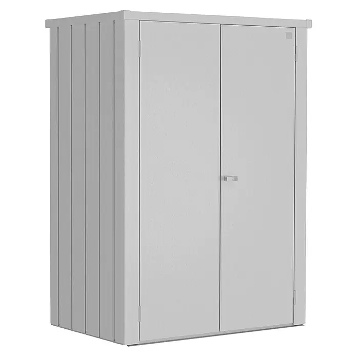 Biohort Romeo Gerätehaus - Außenmaß inkl. Dachüberstand (B x T): 132 x 87 cm, Stahl, Silber-Metallic - Abbildung eines Gartenhauses aus Metall, das Stauraum im Freien bietet und wetterfest ist. Perfekt für Gartengeräte und Werkzeuge.