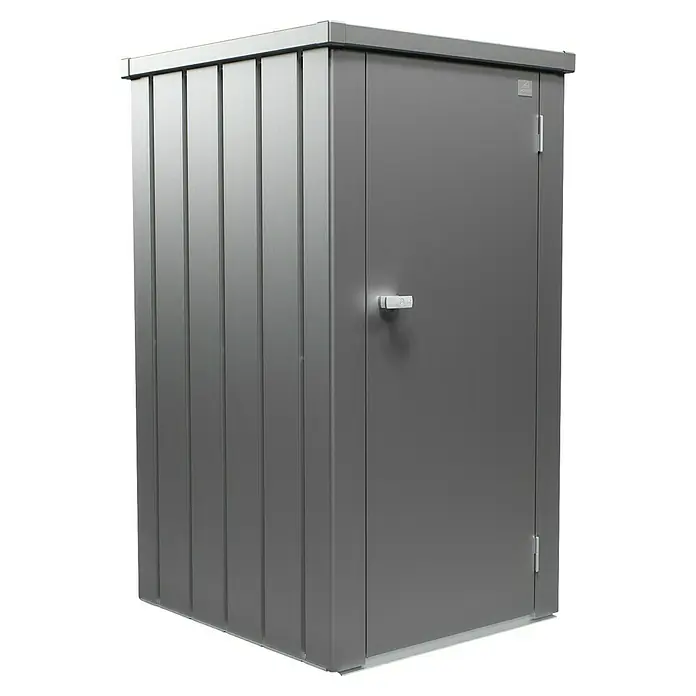 Biohort Julia Geräteschrank - Außenbreite inkl. Dachüberstand: 78 cm, Außentiefe inkl. Dachüberstand: 87 cm, Stahl, Quarzgrau Metallic - Eine graue Gerätebox aus Metall mit Tür und Griff, ideal für die Aufbewahrung im Außenbereich. Das Metall sorgt für Langlebigkeit und Schutz.