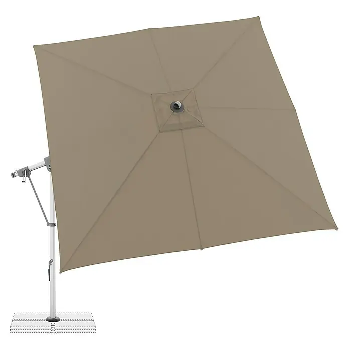 Doppler Expert Ampelschirm - Sand, Bespannungsmaß (L x B): 300 x 300 cm - Nahaufnahme eines beigefarbenen, quadratischen Sonnenschirms mit solidem Ständer, ideal für den Außenbereich.
