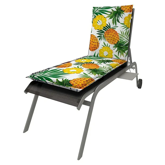 Doppler Liegenauflage Living - L x B x H: 195 x 60 x 6 cm, Kunststoff, Baumwolle, Weiß/Grün/Orange - Graue Sonnenliege mit weißem Kissen, das mit Ananas- und Palmblattmuster bedruckt ist. Mit Rollen und Beistelltisch.