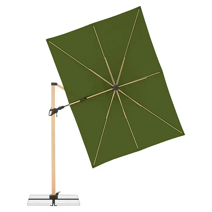 Doppler Alu Wood Ampelschirm AX Ultra - Kiwi, Bespannungsmaß (L x B): 300 x 220 cm - Nahaufnahme eines grünen Gartenschirms mit Holzrahmen und stabilem Sockel für entspannte Stunden im Freien.