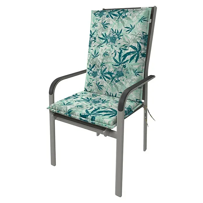 Doppler Sitzauflage Living - Mittellehner, L x B x H: 110 x 48 x 6 cm, Türkis - Ein Gartenstuhl mit einer gepolsterten Sitzfläche und Rückenlehne, die mit einem hellen botanischen Muster verziert sind.