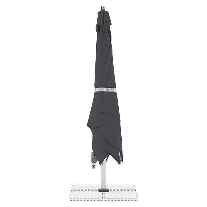 Doppler Expert Ampelschirm - Anthrazit, Bespannungsmaß (L x B): 300 x 300 cm - Geschlossener Ampelschirm in Anthrazit, gesichert mit einem Band. Der Schirm steht auf einem weißen Sockel und bietet Schatten im Freien.