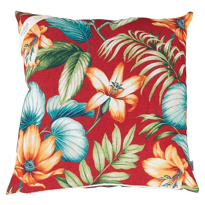 Doppler Kissen - Rot/Türkis, L x B: 45 x 45 cm, Polyester - Dekoratives rotes Outdoor-Kissen mit tropischem Blumenmuster für Gartenmöbel, das Komfort und Stil im Freien vereint.