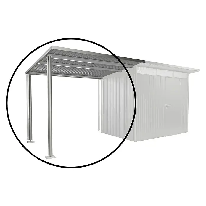 Biohort AvantGarde Seitendach - Passend für: Biohort AvantGarde Gerätehaus A1, A5, L x B x H: 220 x 243 x 218 cm, Silber-Metallic, Stahl - Bild eines Carports mit angrenzendem Geräteschuppen in silbergrau, ideal zum Schutz von Fahrzeugen und zur Aufbewahrung von Gartengeräten.